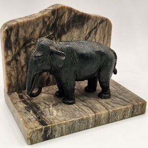 Vintage Metal Elephant Stone Bookend Doorstop Paperweight